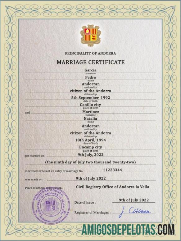 Imprimível modelo PSD de certidão de casamento de Andorra